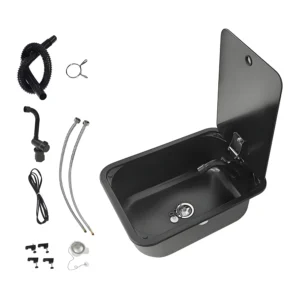 Black RV sink with hot/cold faucet, drainage kit, and accessories - exploded view